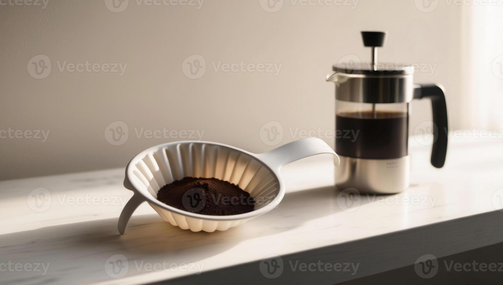 Reusable coffee filter and stainless steel French press used in a morning coffee routine, reducing waste. photo