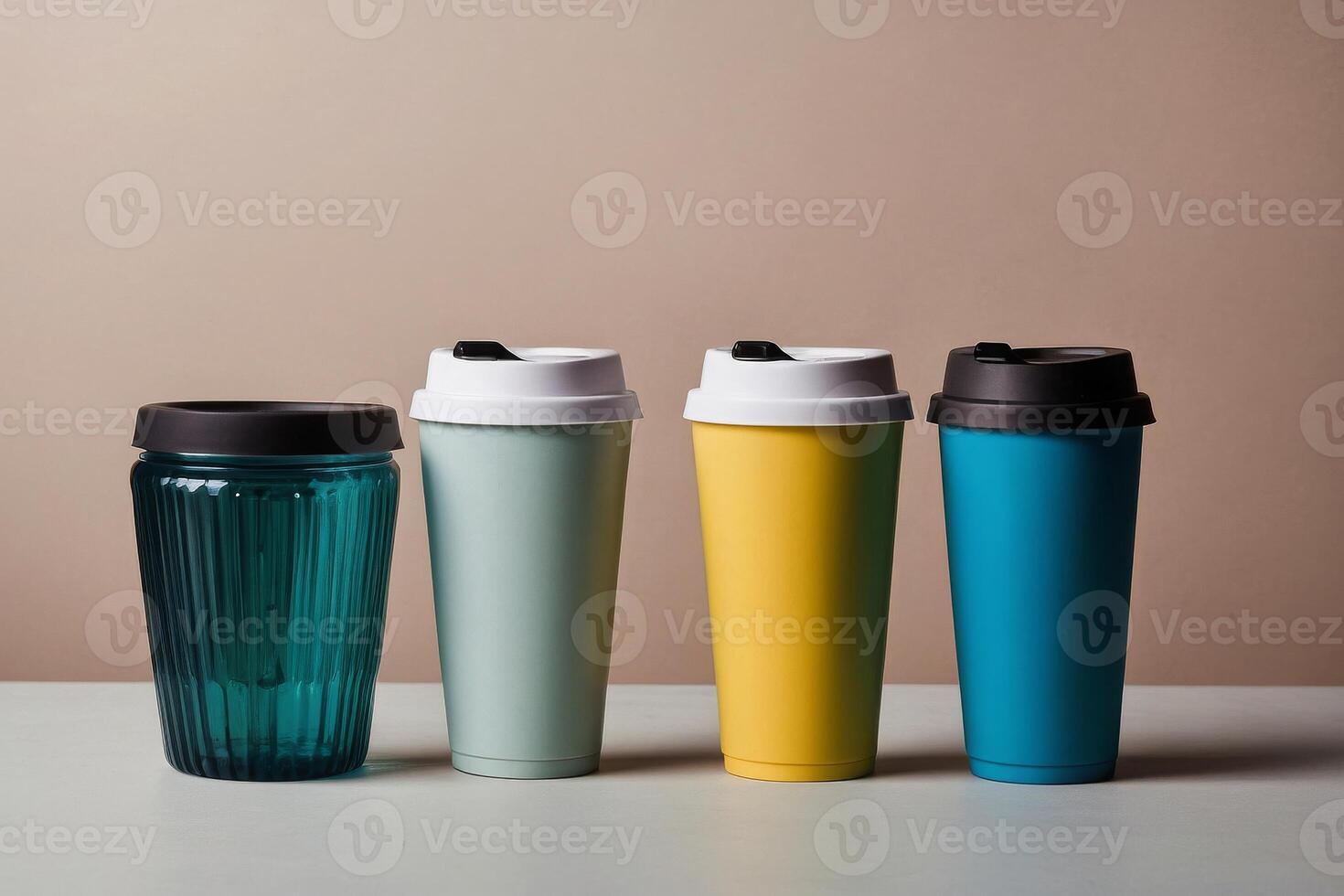Collection of reusable coffee cups and water bottles, modern lifestyle photo