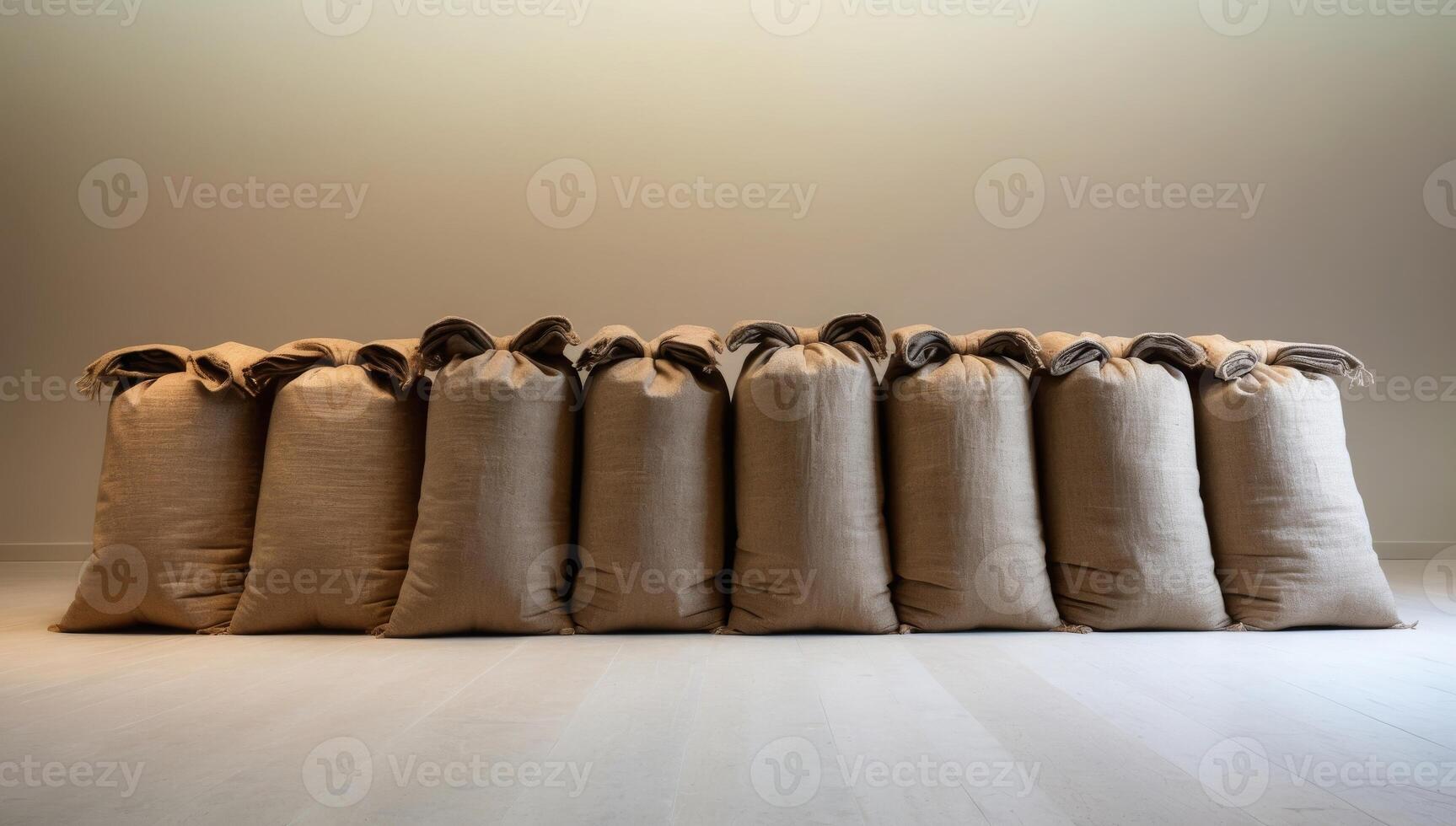 A line of rugged jute sacks filled with grain, showcasing their weathered texture and rustic character in a picturesque harvest landscape. photo