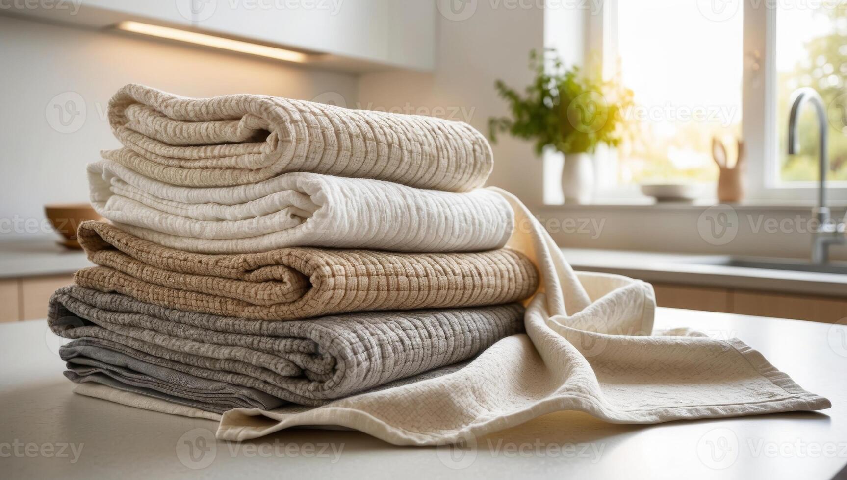 Stack of soft, absorbent cloth towels and napkins, eco-friendliness and sustainability by replacing disposable paper products, beige, gray and white photo