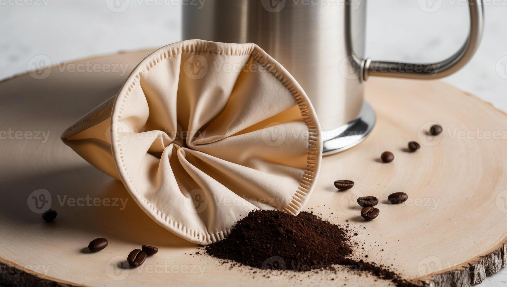 Reusable coffee filter and stainless steel French press used in a morning coffee routine, reducing waste, coffee ritual. photo