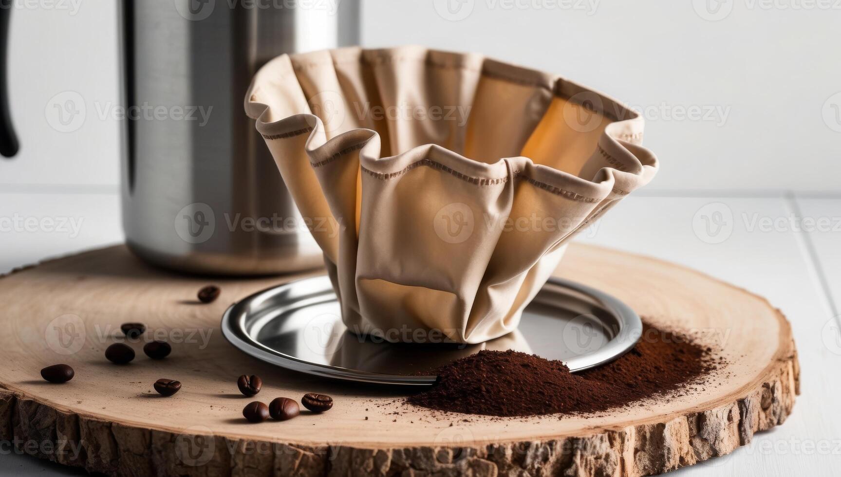 Closeup of a crumpled, beige-colored reusable coffee filter, stainless steel French press, metallic surface, eco-friendly, sustainable. photo