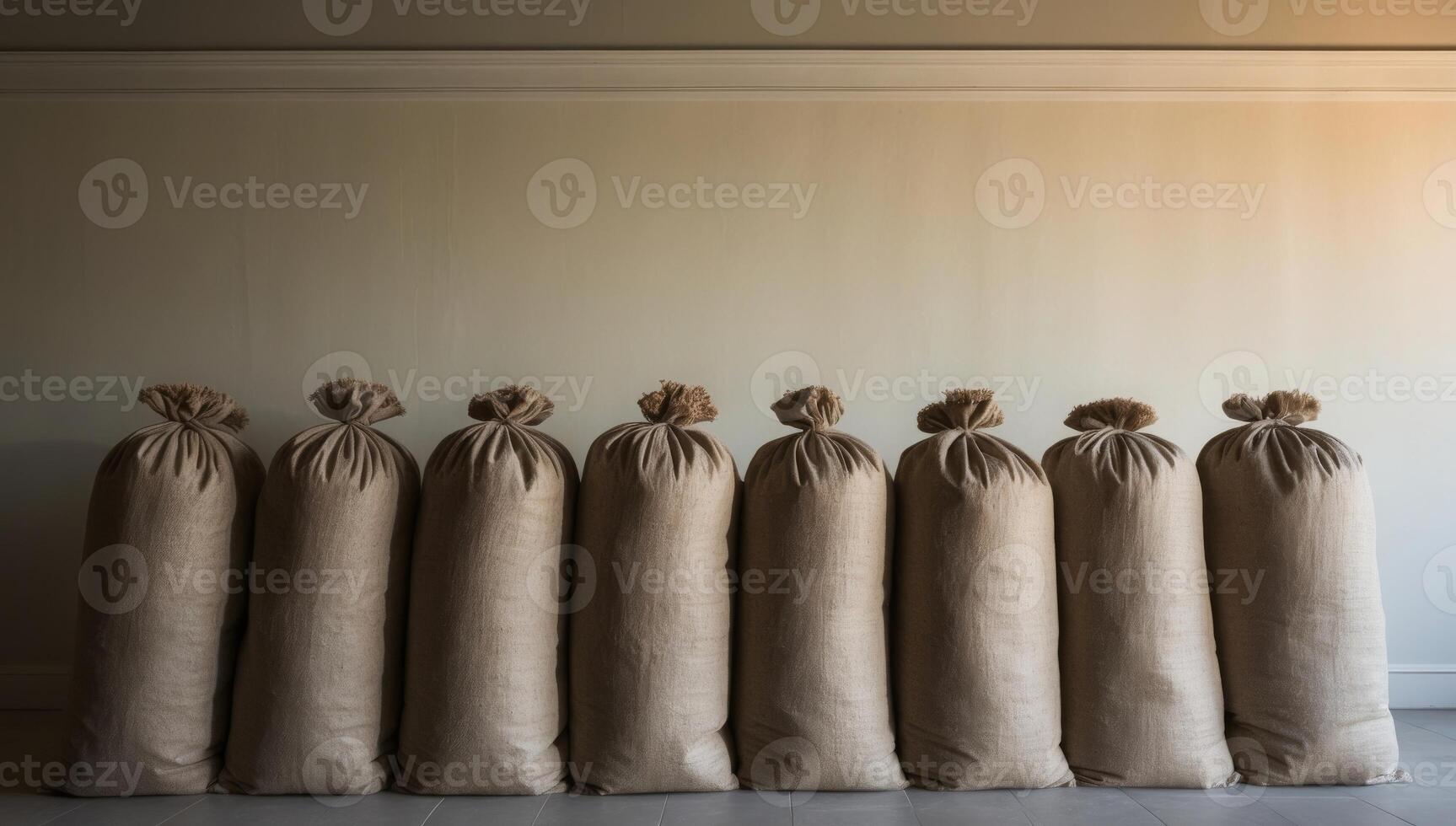 A row of large grain sacks crafted from weathered jute fabric, evoking rustic charm and capturing the essence of a traditional harvest scene. photo