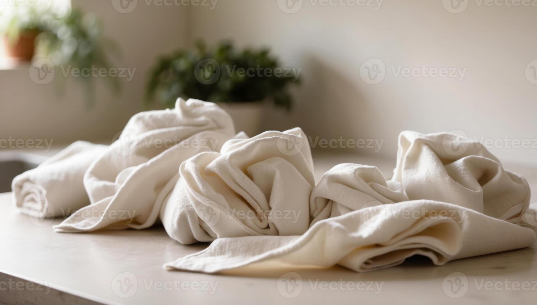 White cloth towels and napkins, crumpled and folded, eco-friendly alternative to disposable paper products, natural fabrics photo