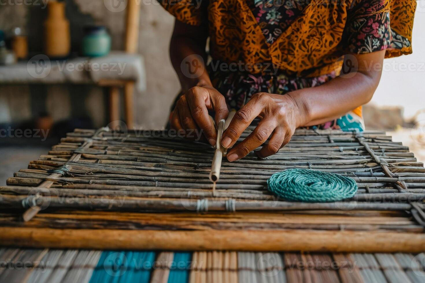 Local artisans skillfully crafting eco-friendly products using sustainable materials, showcasing creativity and environmental consciousness photo