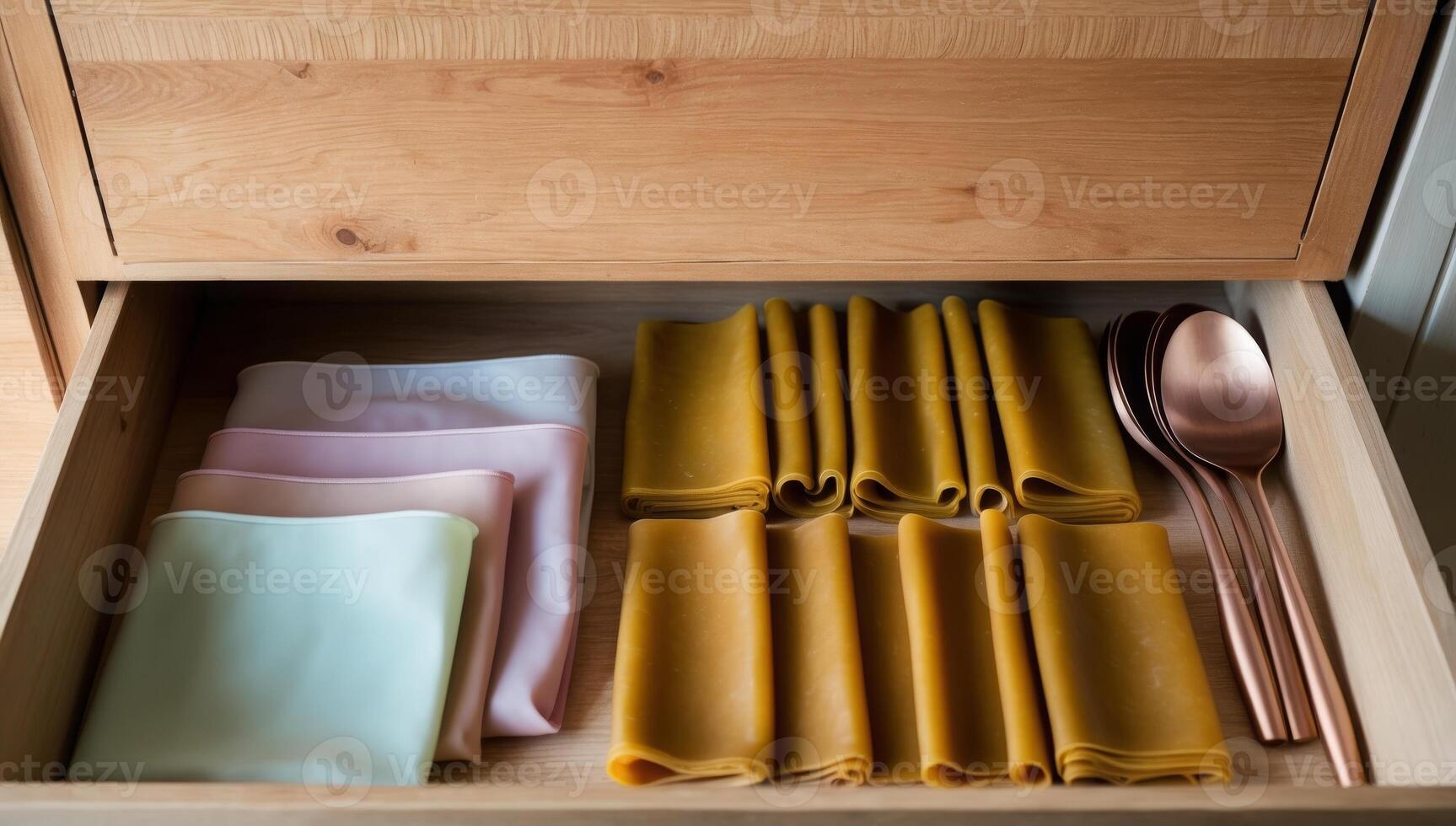 Kitchen drawer's interior, reusable silicone bags in soft pastel hues and beeswax wraps, reduce single-use plastic waste. photo