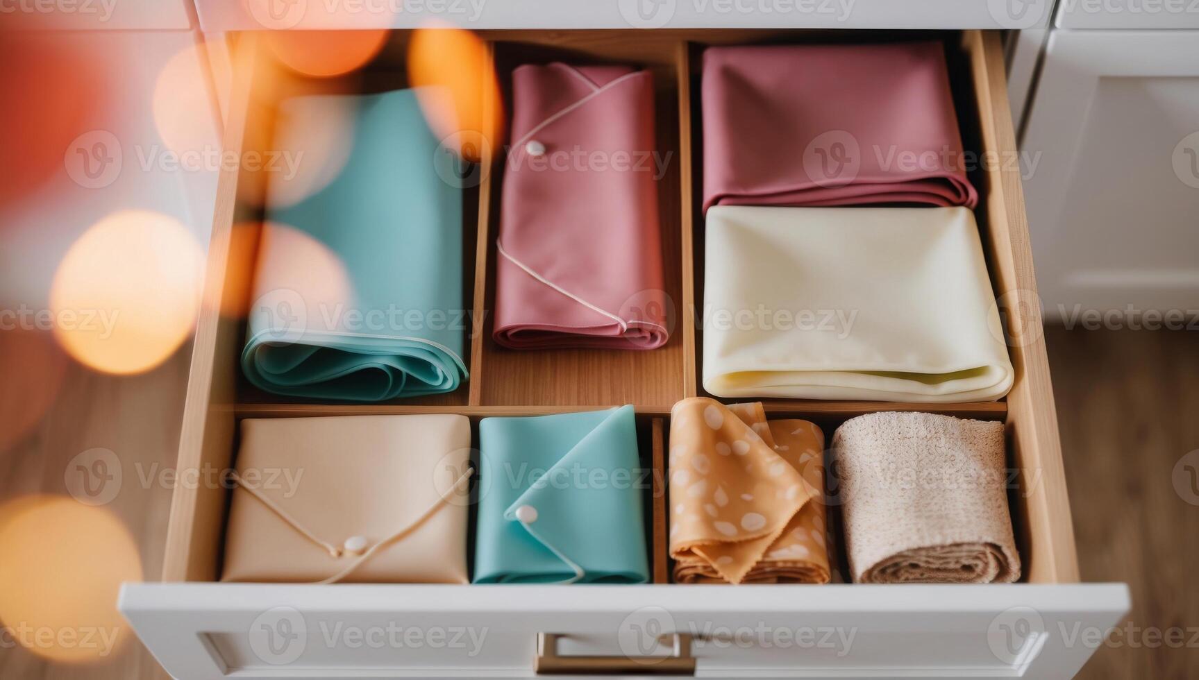 Organized kitchen drawer reduce single-use plastic waste, calm and organization, silicone bags and beeswax wraps. photo