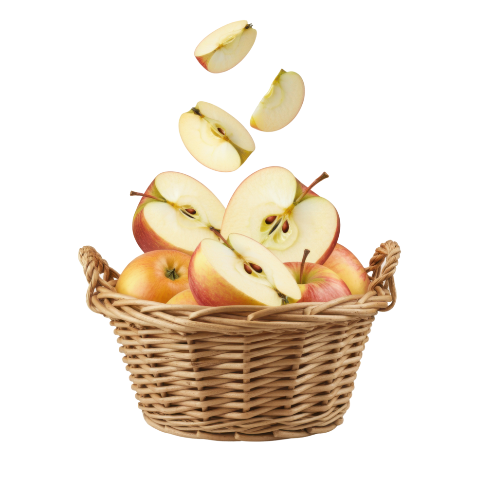 Red Sliced Apple Floating in Air with Juicy Splash, Fresh and Vibrant png