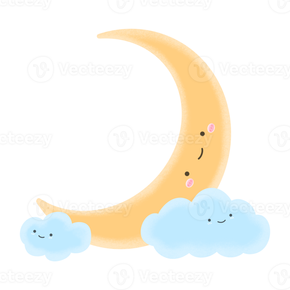 Cute Moon And Clouds Mascot Character Kawaii Cartoon Moon And Clouds Cartoon illustration Cute Moon Cute Clouds Cute Element Cute Lunar png