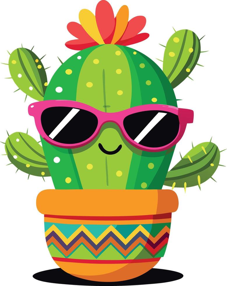 A cartoon cactus with sunglasses and colorful patterns on its pot vector