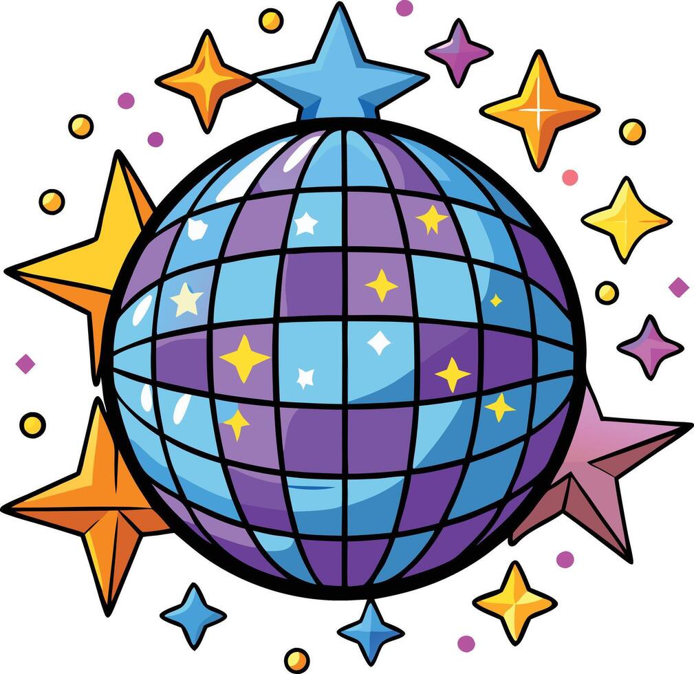 A disco ball surrounded by cartoon stars and sparkles vector