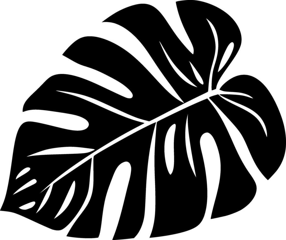Dark tropical logo leaf monstera silhouette creating a jungle feeling, ideal for exotic element backgrounds, botanic pattern, or nature designs vector