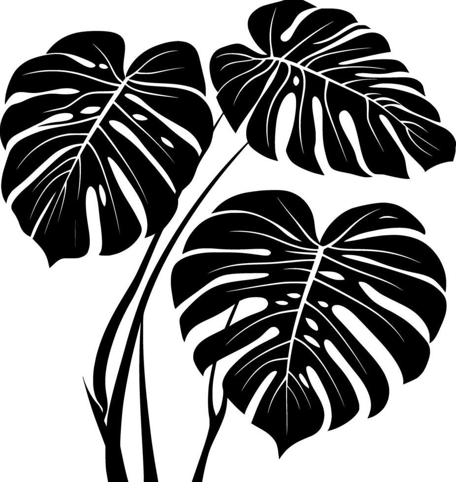 Monstera deliciosa silhouette icon displaying dramatic, glossy split leaves casting striking tropical shadow vector