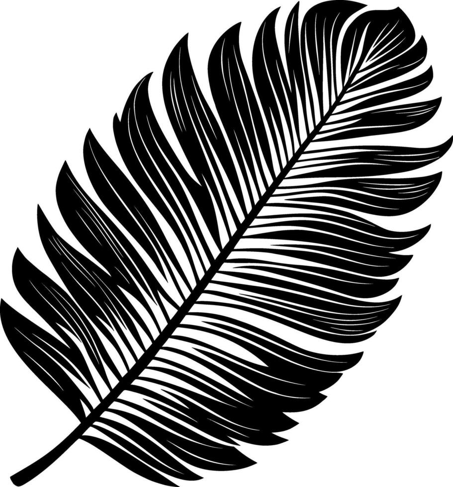 Black silhouette tropical icon revealing delicate exotic fern leaf palm veining, contrasting sharply against pristine vector
