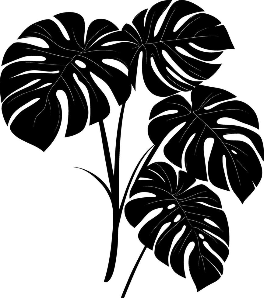 Monstera deliciosa silhouette icon displaying dramatic, glossy split leaves casting striking tropical against crisp white surface vector