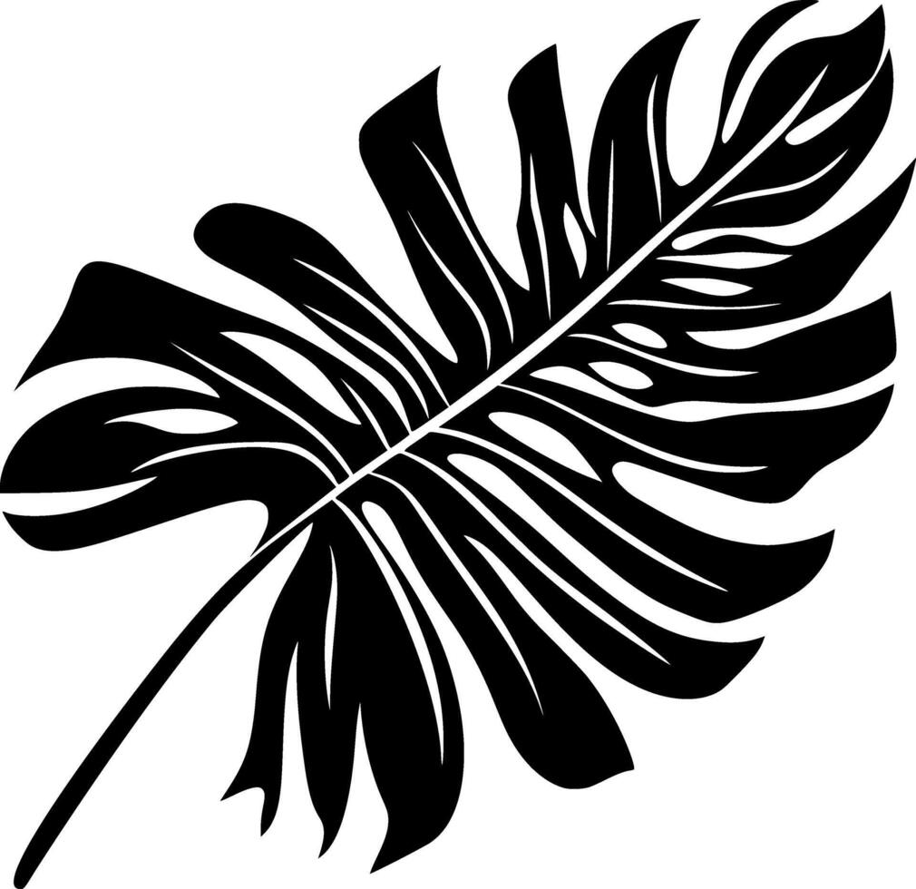 Black silhouette tropical icon revealing delicate exotic fern leaf palm veining, contrasting against pristine white background vector
