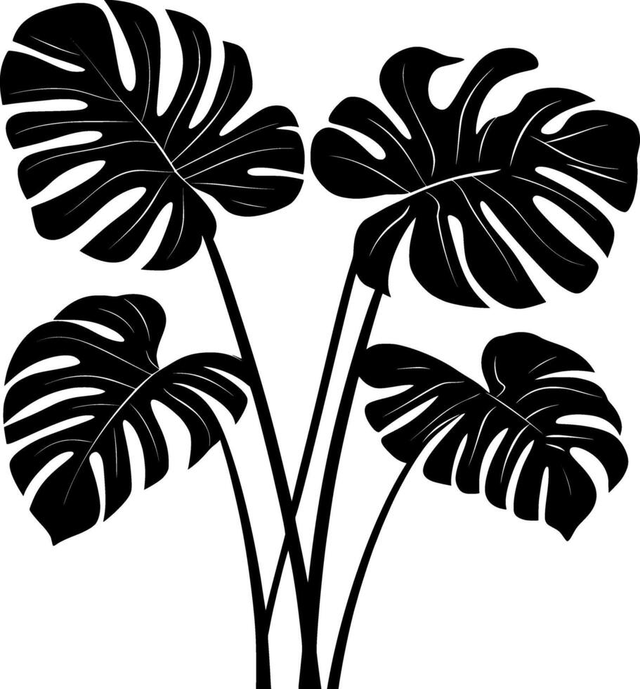 Monstera deliciosa silhouette icon displaying dramatic, glossy split leaves casting striking tropical shadow against crisp surface vector