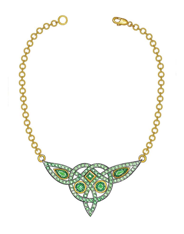 Emerald celtic knot necklace design by hand drawing on paper and make graphic . vector