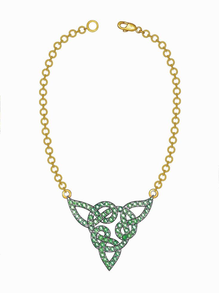 Art celtic set green sapphire necklace design by hand drawing and make graphic . vector