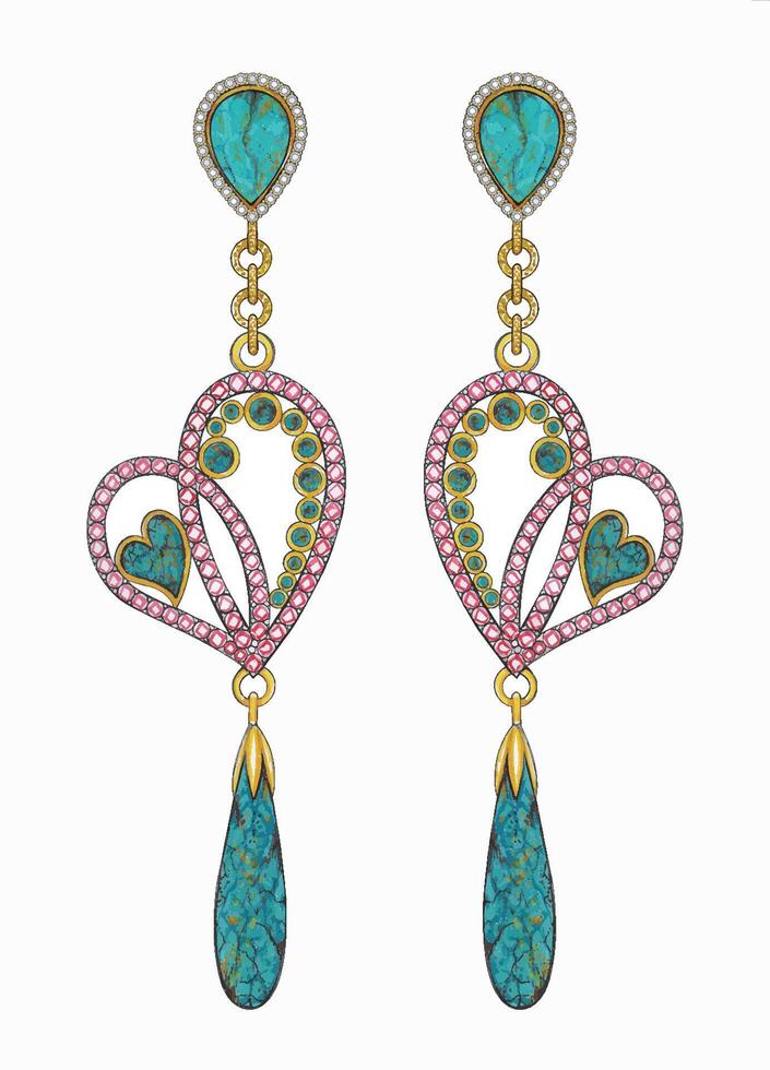 Turquoise and pink heart drop earrings design by hand drawing on paper. vector