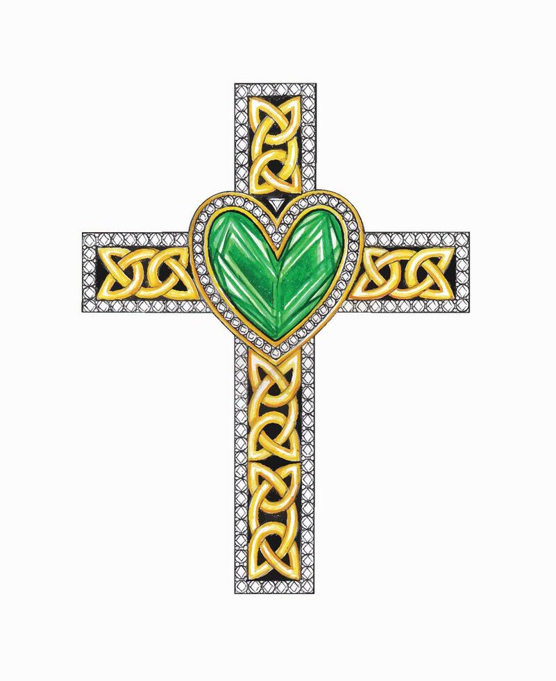 Emerald heart celtic cross design by hand drawing and make graphic . vector