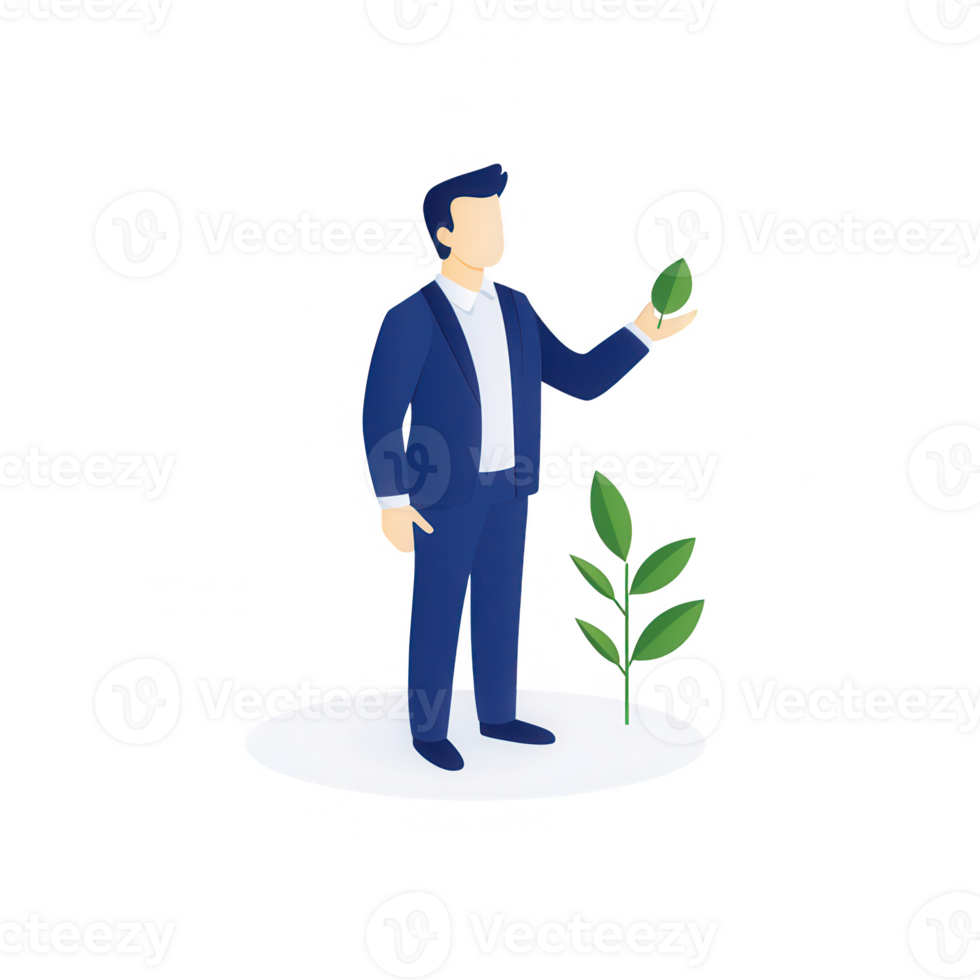 A businessman holding a leaf represents sustainability and green initiatives in business. png