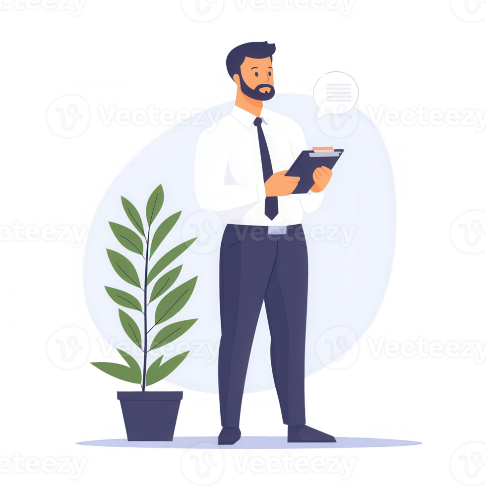 A businessman holding a clipboard, surrounded by a plant, contemplating ideas. png