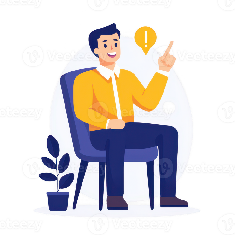 A cheerful man sitting in a chair, expressing ideas with enthusiasm and clarity. png