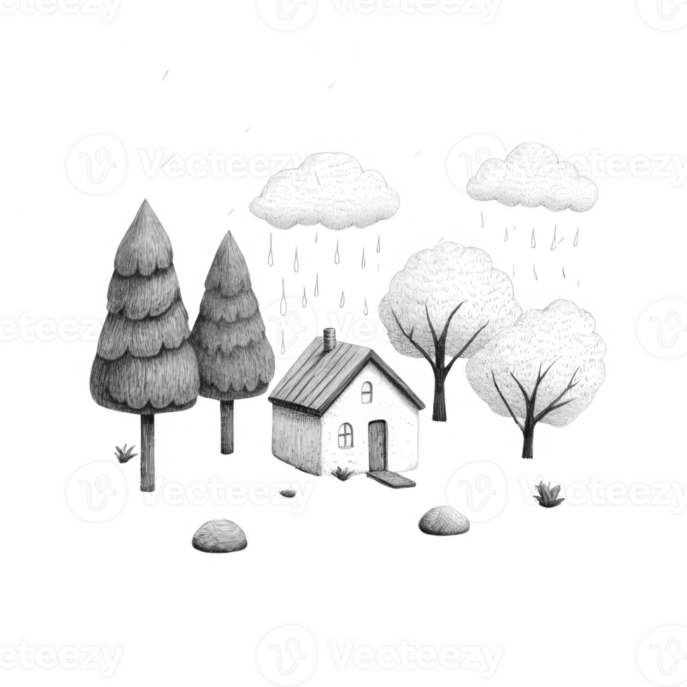 A hand-drawn illustration of a cozy house surrounded by tall trees and rain clouds. png