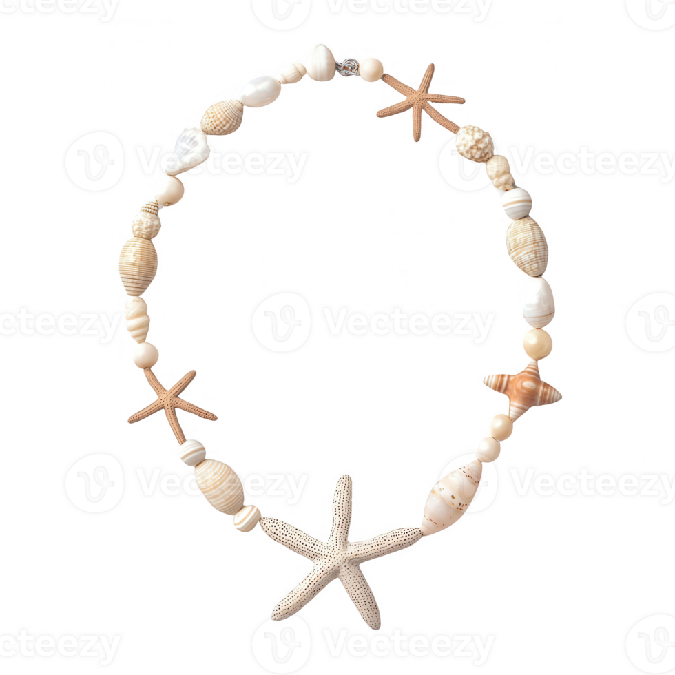 A beautiful seashell necklace with starfish, perfect for beach lovers and summer vibes. png