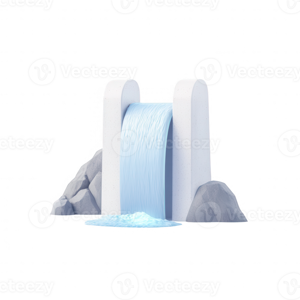 A digital illustration of a cascading waterfall with elegant stone structures. png