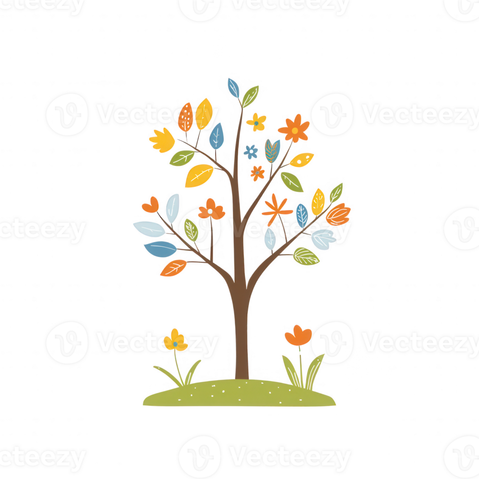 A colorful tree with vibrant leaves and flowers, representing nature's beauty. png