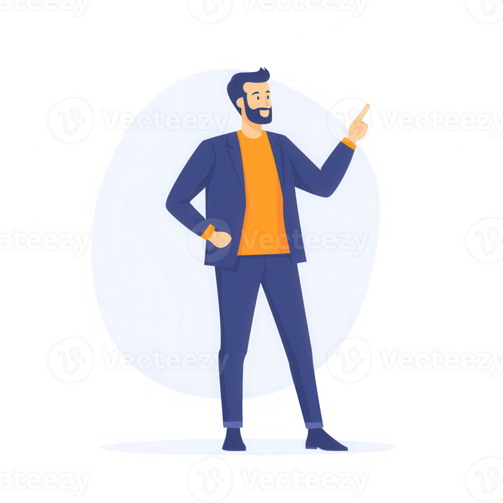 A confident businessman in a suit pointing and presenting an idea with enthusiasm. png