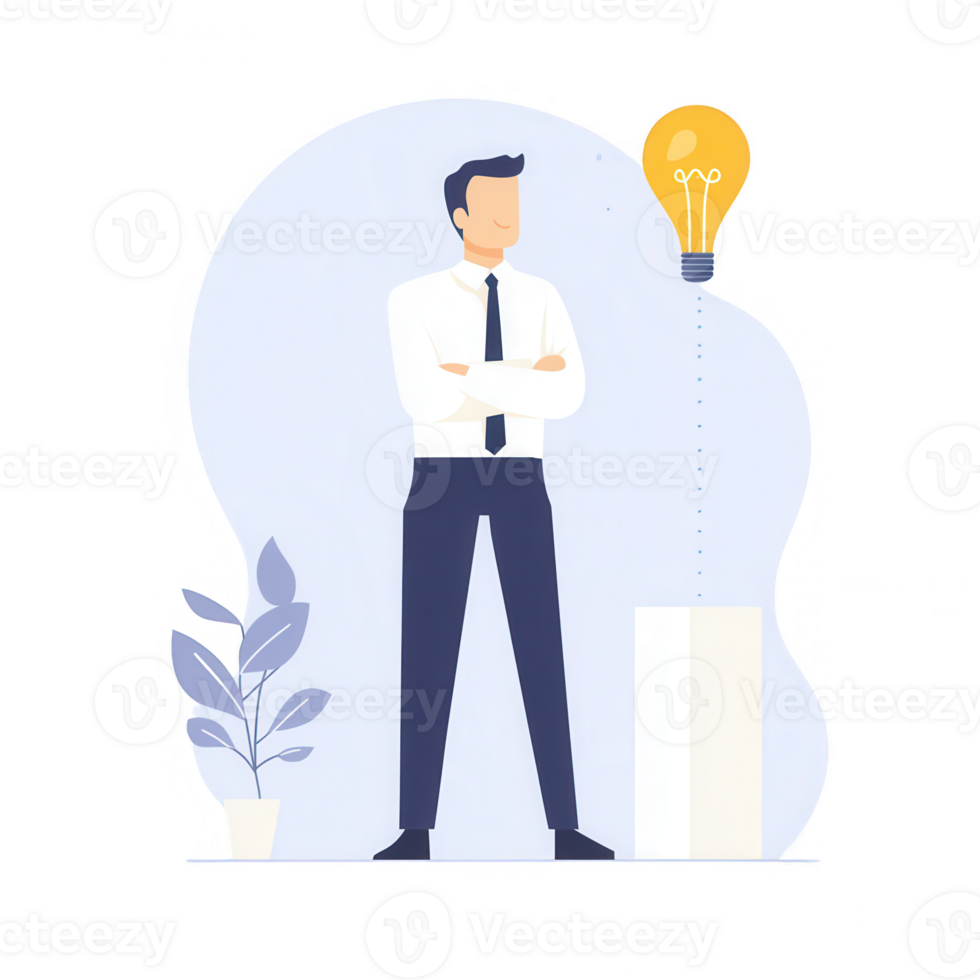 A confident businessman stands with an idea light bulb above him, surrounded by plants. png