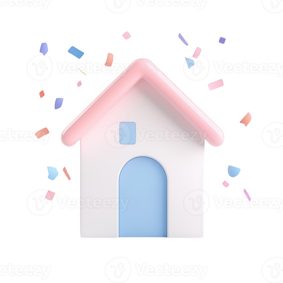 A colorful, playful house model surrounded by cheerful confetti. png