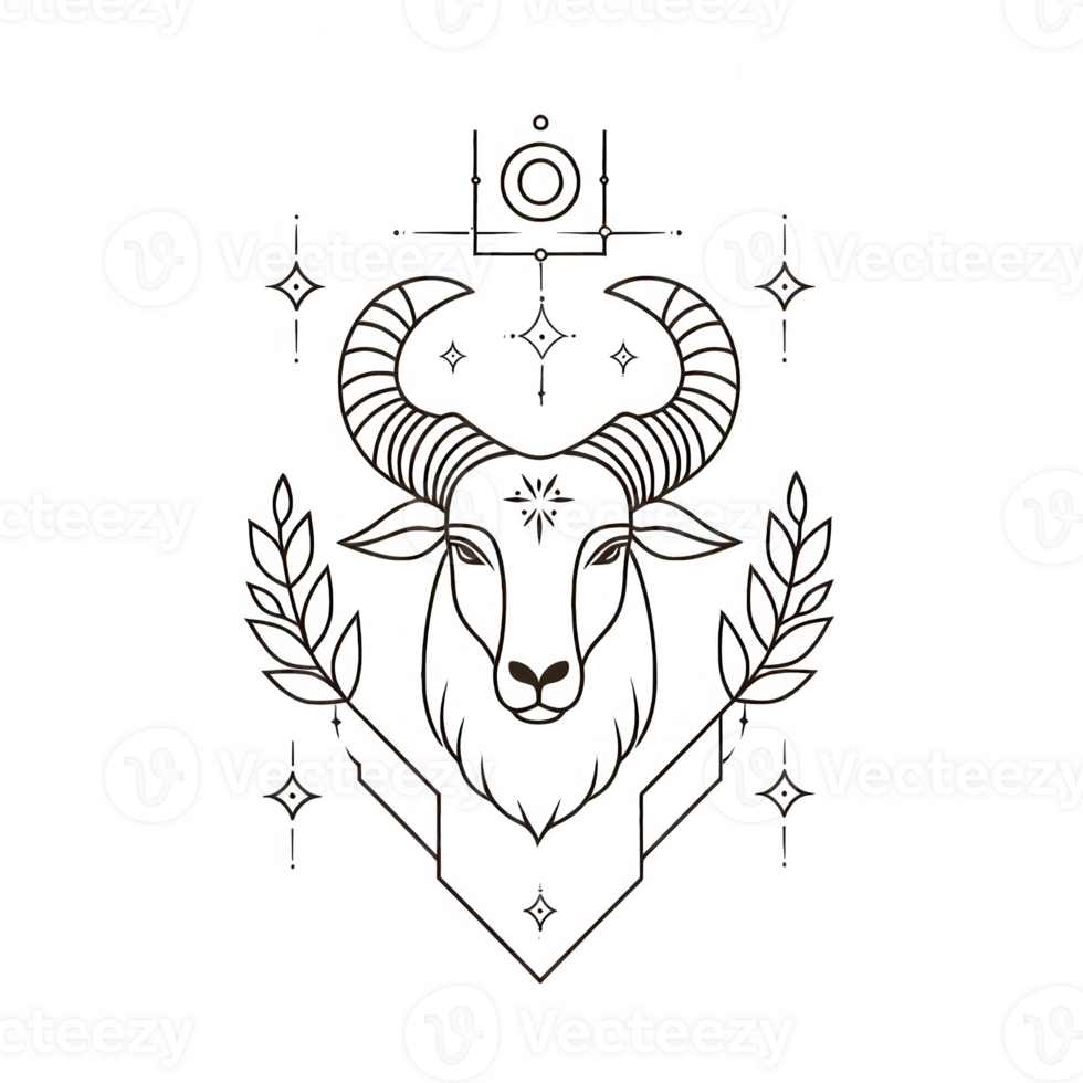 A mystical artwork featuring a goat skull surrounded by celestial symbols and wheat. png