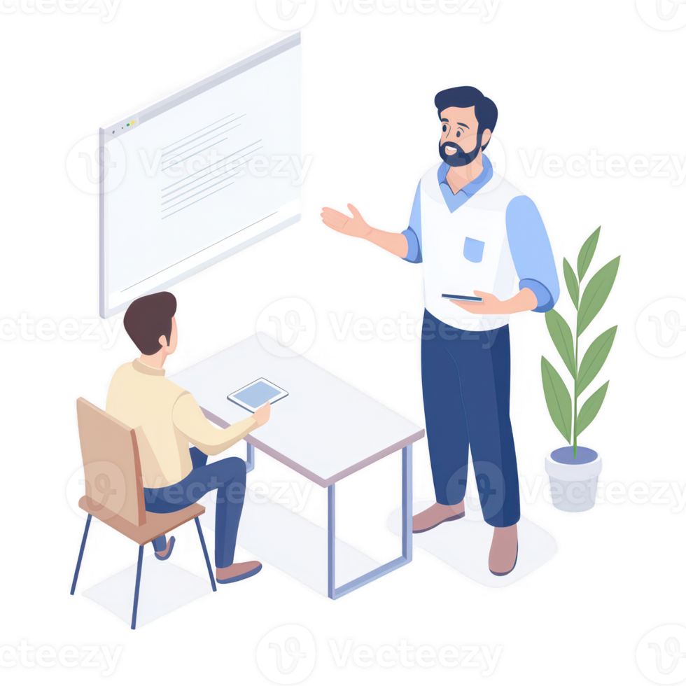 A professional discussion between two colleagues in a modern office setting. png