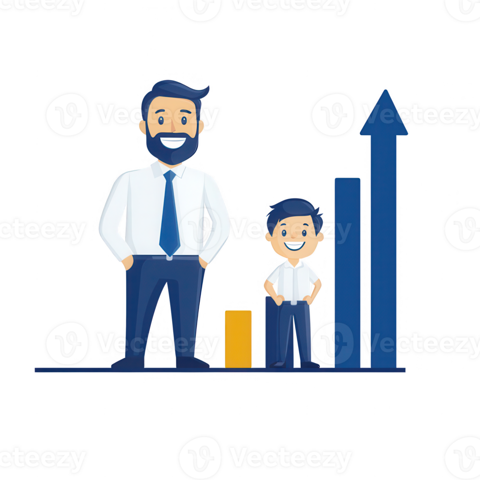 A man and a boy standing next to a bar chart representing growth and success. png