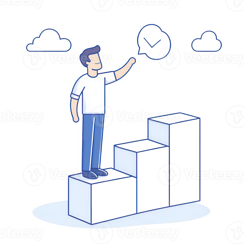 A man standing on steps, marking progress with a checkmark graphic above. png