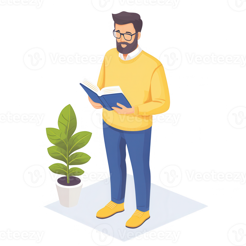 A man reading a book while standing near a green plant indoors. png