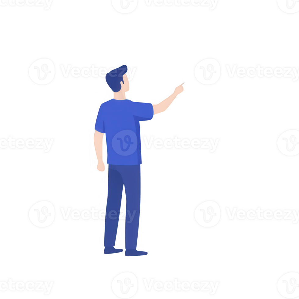 A man in a blue shirt pointing towards a future opportunity with confidence and vision. png