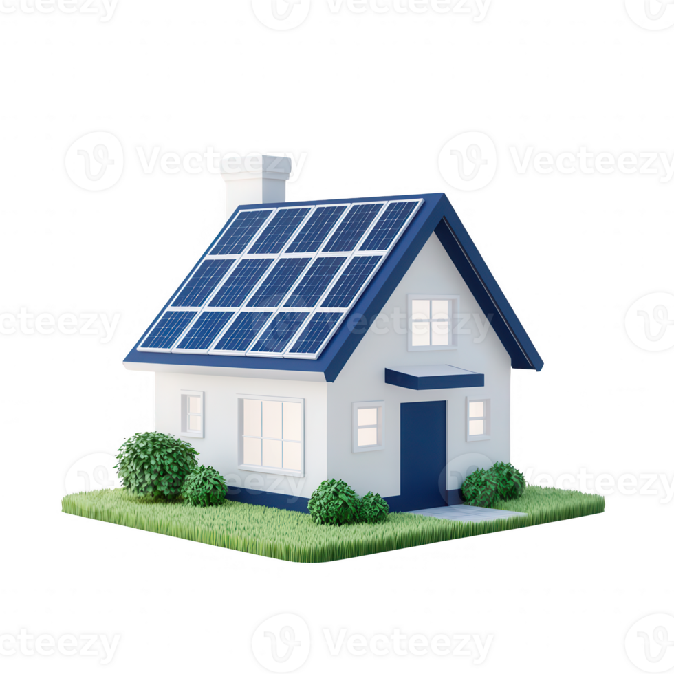 A modern house with solar panels and a green garden, symbolizing sustainable living. png