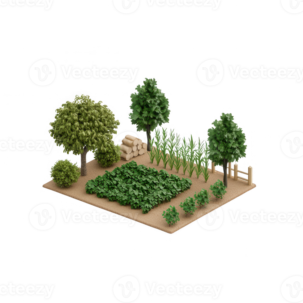 A vibrant, lush garden featuring diverse plants and trees in a serene outdoor setting. png