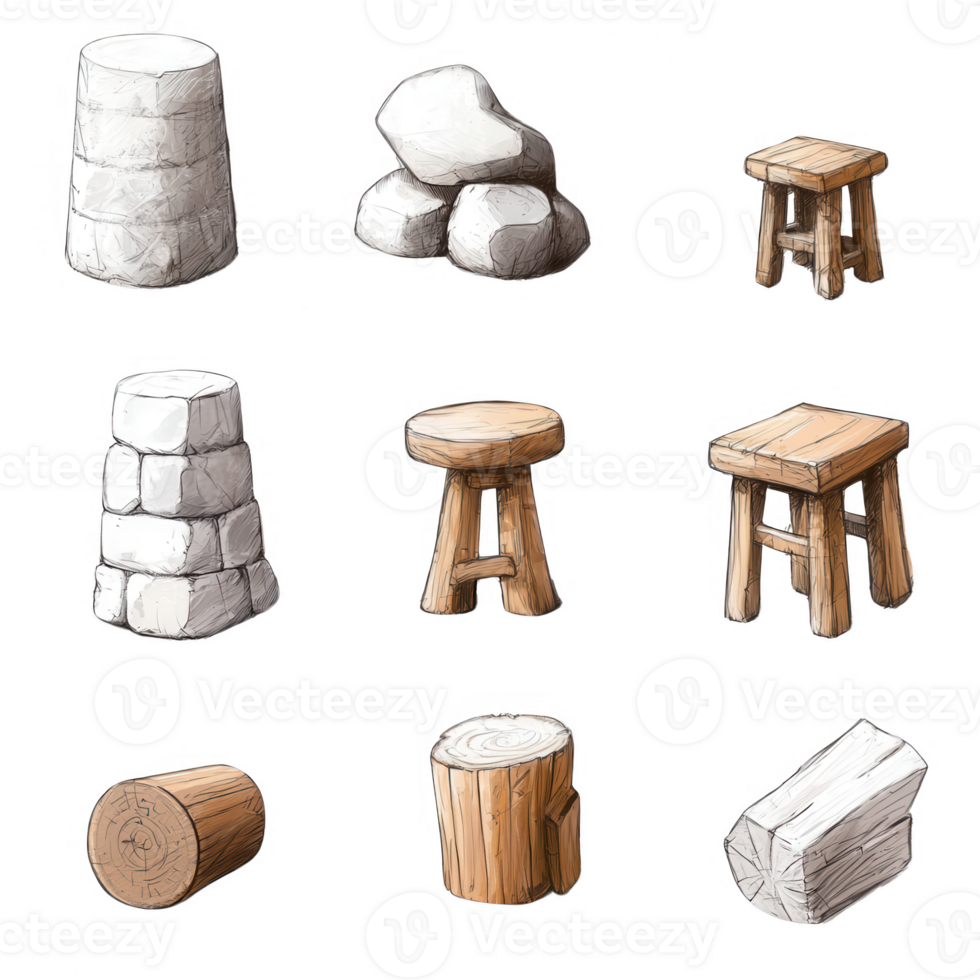 Collection of hand-drawn stools and stone blocks in various designs and styles. png