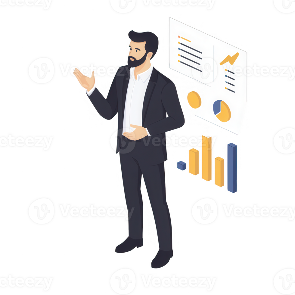 Businessman presenting data insights with charts and graphs in a professional setting. png