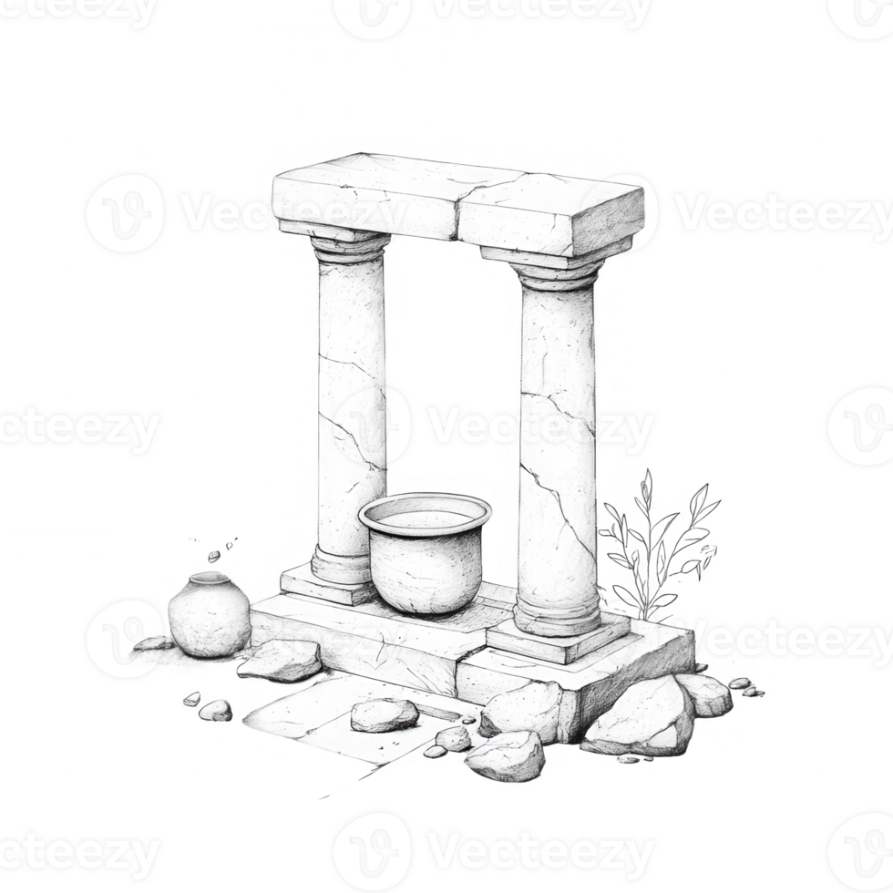 Ancient stone structure with columns, a pot, and plants in a serene setting. png