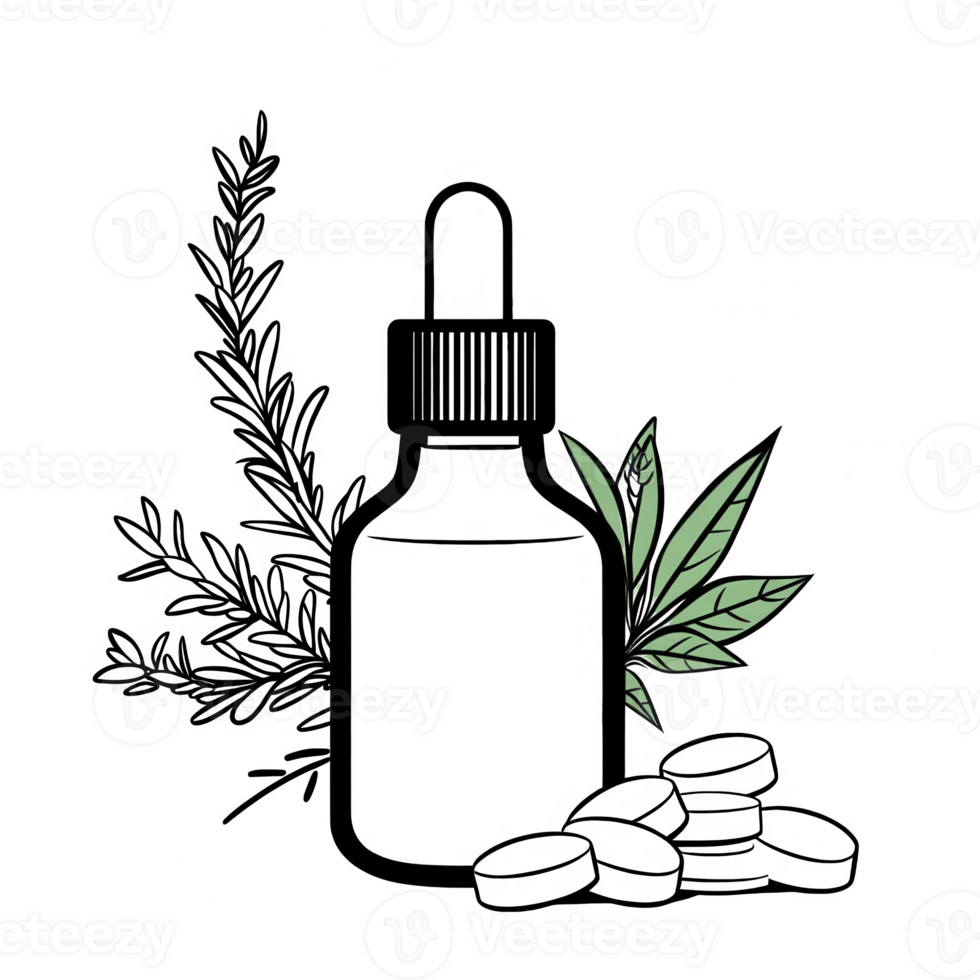 Herbal dropper bottle surrounded by various plant leaves and stones for relaxation. png