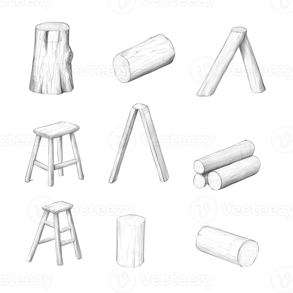 Hand-drawn wooden objects, including stools and logs, for creative design projects. png