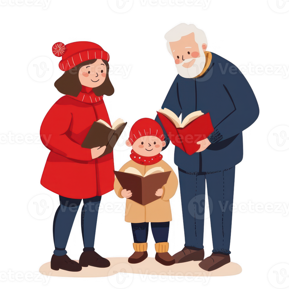 Family members reading books together in winter attire, enjoying quality time. png