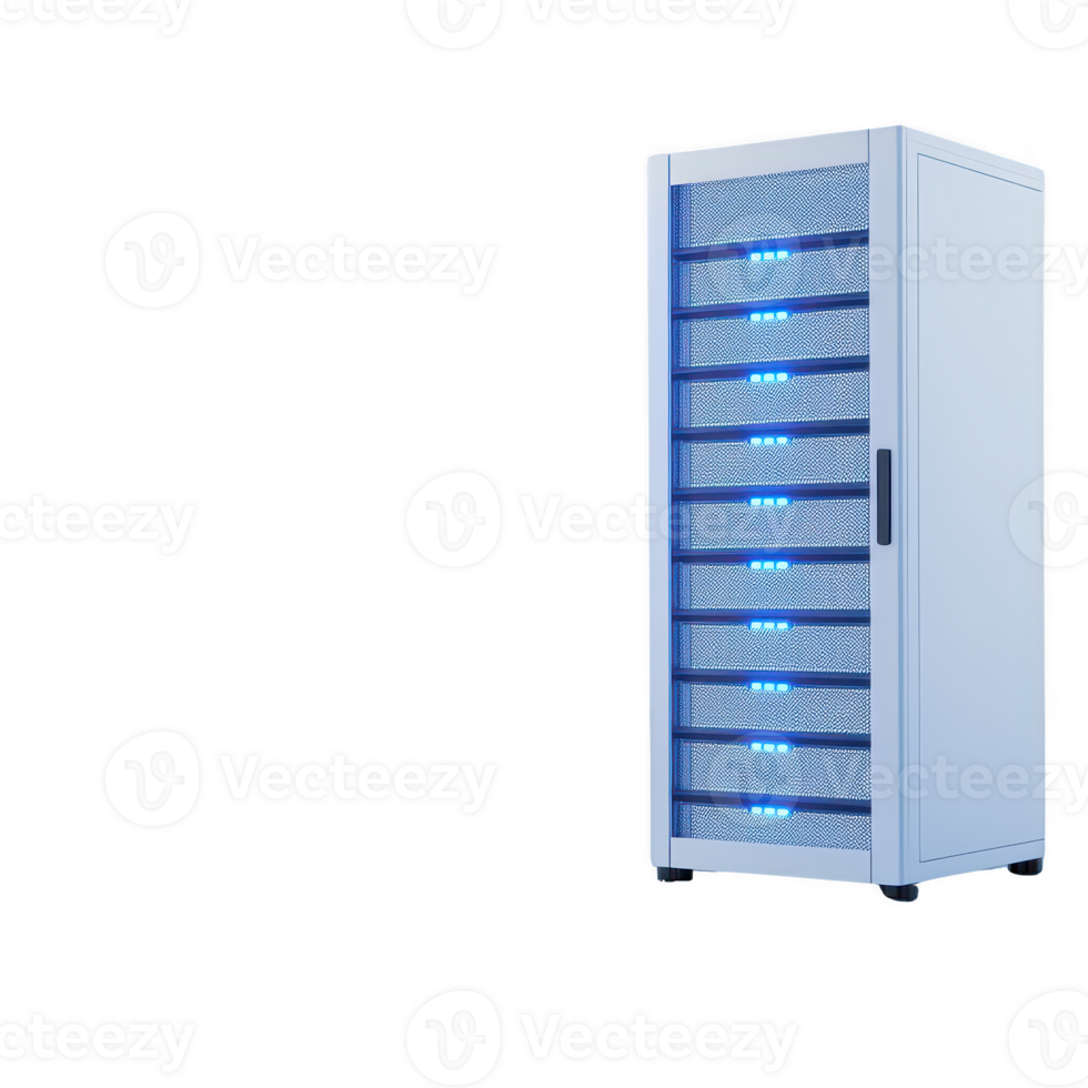 High-tech server rack with illuminated components, ideal for data centers and IT storage. png